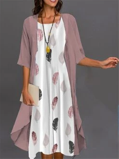 Women's Two Piece Dress Set Casual Dress Print Dress Outdoor Daily Fashion Elegant Print Midi Dress Crew Neck 3/4 Length Sleeve Floral Butterfly Loose Fit Pink Navy Blue Royal Blue Summer Spring S M