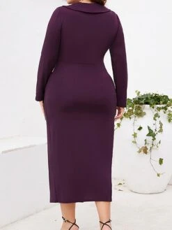 Women‘s Plus Size Curve Party Dress Cocktail Dress Bodycon Midi Dress Black Wine Purple Long Sleeve Pure Color Ruched Spring Fall Winter V Neck Fashion Winter Dress Birthday Wedding Guest 2023 -HAYz Clothing Shop rsxgws1691464086964