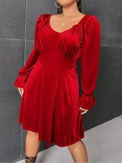 Women's Plus Size Curve Party Dress Velvet Dress Cocktail Dress Midi Dress Red Long Sleeve Pure Color Ruched Fall Winter Autumn V Neck Fashion Winter Dress Wedding Guest Vacation 2023 XL XXL 3XL -HAYz Clothing Shop rsxynm1693297250651