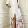 Women's Shirt Dress Casual Dress Shift Dress Long Dress Maxi Dress White Yellow Pink 3/4 Length Sleeve Floral Split Summer Spring Shirt Collar Fashion Loose Fit 2023 S M L XL 2XL 3XL 4XL
