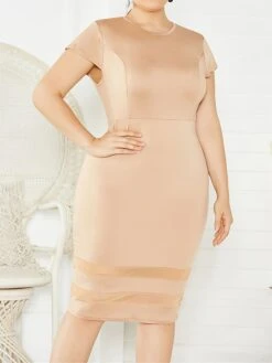 Women's Plus Size Curve Party Dress Bodycon Sheath Dress Plain Midi Dress Short Sleeve Mesh Crew Neck Fashion Party Black White Fall Winter XL XXL 3XL 4XL 5XL -HAYz Clothing Shop rtssgx1694151468601