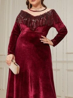 Women's Plus Size Curve Velvet Dress Casual Dress Winter Dress Plain Long Dress Maxi Dress Long Sleeve Tassel Fringe V Neck Fashion Outdoor Burgundy Fall Winter L XL XXL 3XL 4XL -HAYz Clothing Shop rtttme1697689534053