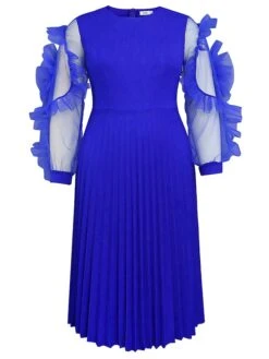 Women's Plus Size Curve Party Dress Formal Dress A Line Dress Plain Midi Dress Long Sleeve Pleated Ruffle Crew Neck Fashion Party Blue Fall Winter XL XXL 3XL 4XL -HAYz Clothing Shop rtxorp1694425979176