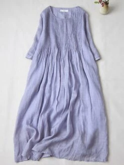 Women's Casual Dress Cotton Linen Dress Swing Dress Midi Dress Cotton Blend Basic Casual Outdoor Daily Crew Neck Ruched Pocket Short Sleeve Summer Spring 2023 Loose Fit White Pink Purple Plain M L XL -HAYz Clothing Shop runsyx1676278284056