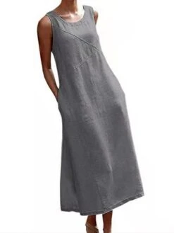 Women's Cotton Linen Dress Casual Dress Shift Dress Maxi Long Dress Cotton Blend Stylish Basic Outdoor Holiday Date Crew Neck Pocket Sleeveless Summer Spring 2023 Loose Fit Black Gray Pure Color S M -HAYz Clothing Shop runyab1696941663821