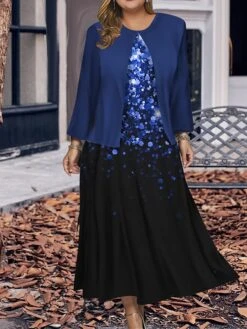 Women's Plus Size Two Piece Dress Set Casual Dress Swing Dress Outdoor Office Fashion Streetwear Print Midi Dress Crew Neck Long Sleeve Ombre Regular Fit Wine Navy Blue Blue Fall Winter L XL XXL 3XL -HAYz Clothing Shop ruomeh1697785909410