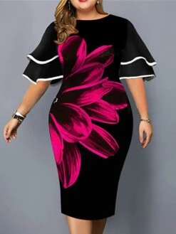 Women‘s Plus Size Curve Party Dress Floral Crew Neck Ruffle Short Sleeve Spring Fall Work Casual Prom Dress Midi Dress Casual Daily DressPrint -HAYz Clothing Shop ruouwm1637920826638