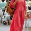Women's Cotton Linen Dress Casual Dress Linen Dress Maxi Long Dress Cotton Basic Casual Daily Holiday Vacation Split Neck Ruched Half Sleeve Summer Spring 2023 Regular Fit Yellow Pink Red Pure Color