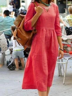 Women's Cotton Linen Dress Casual Dress Linen Dress Maxi Long Dress Cotton Basic Casual Daily Holiday Vacation Split Neck Ruched Half Sleeve Summer Spring 2023 Regular Fit Yellow Pink Red Pure Color