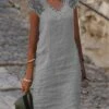 Women's Casual Dress Cotton Linen Dress Shift Dress Midi Dress Cotton Blend Basic Casual Outdoor Daily V Neck Lace Patchwork Short Sleeve Summer Spring 2023 Loose Fit White Pink Blue Pure Color S M L