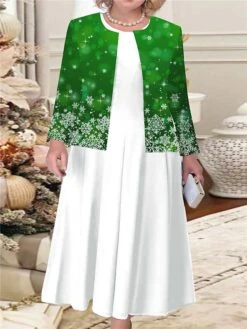 Women's Christmas Plus Size Curve Casual Dress Dress Set Two Piece Dress Snowflake Midi Dress Long Sleeve Print Crew Neck Fashion Outdoor Red Blue Fall Winter L XL XXL 3XL 4XL -HAYz Clothing Shop rvetbq1694068988174