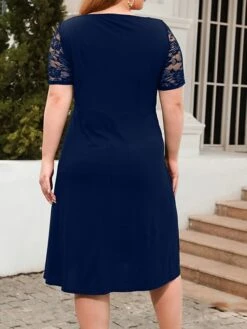 Women's Plus Size Curve Party Dress Lace Dress Semi Formal Dress Solid Color Midi Dress Short Sleeve Lace Crew Neck Fashion Party ArmyGreen Black Fall Winter XL XXL 3XL 4XL -HAYz Clothing Shop rvgtul1695813612135