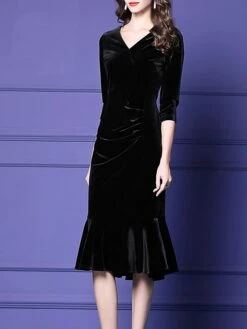 Women's Plus Size Curve Party Dress Velvet Dress Winter Dress Solid Color Midi Dress Long Sleeve Ruched V Neck Fashion Party Black Wine Fall Winter L XL XXL 3XL 4XL -HAYz Clothing Shop rvicci1694576153090