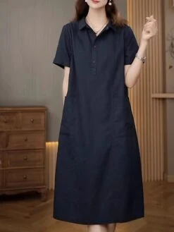 Women's Casual Dress Cotton Linen Dress Midi Dress Polyester Casual Daily Casual Outdoor Home Holiday Shirt Collar Pocket Short Sleeve Summer Spring 2023 Loose Fit Navy Blue Purple Brown Plain M L XL -HAYz Clothing Shop rvuktj1689763766069