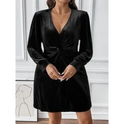 Women's Plus Size Curve Party Dress Black Velvet Dress Cocktail Dress Solid Color Mini Dress Long Sleeve Ruched V Neck Fashion Party Black Fall Winter XL XXL 3XL -HAYz Clothing Shop rwanzp1695645441758