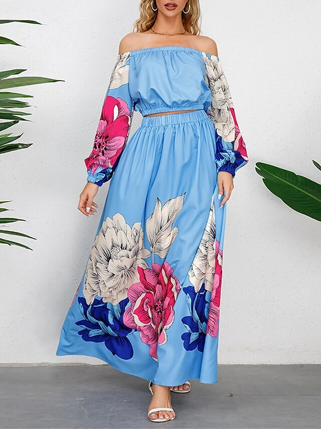 Women's Two Piece Dress Set Casual Dress Skirt Set Daily Going Out Casual Ruched Print Long Dress Maxi Dress Off Shoulder Long Sleeve Floral Regular Fit Blue Green Rose Red Fall Winter S M L XL XXL 3 Women's Two Piece Dress Set Casual Dress Skirt Set Daily Going Out Casual Ruched Print Long Dress Maxi Dress Off Shoulder Long Sleeve Floral Regular Fit Blue Green Rose Red Fall Winter S M L XL XXL - Image 3
