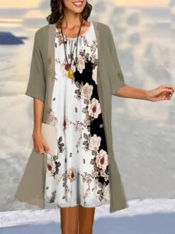 Women's Two Piece Dress Set Casual Dress Daily Vacation Modern Casual Print Midi Dress Crew Neck Half Sleeve Graphic Floral Loose Fit Sky Blue Brown Gray Summer Spring S M L XL XXL