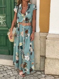 Women's Shirt Dress Shift Dress Maxi Long Dress Outdoor Winter Dress Daily Cotton Blend Stylish Casual Shirt Collar With Belt Tie Belt Short Sleeve Summer Spring Fall 2023 Regular Fit Yellow Blue -HAYz Clothing Shop rwghqe1642065324889