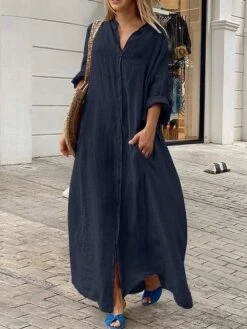 Women's Casual Dress Cotton Linen Dress Black Dress Maxi Long Dress Linen / Cotton Blend Fashion Daily Outdoor Daily Vacation Stand Collar Button Pocket Long Sleeve Fall Autumn 2023 Loose Fit Black -HAYz Clothing Shop rxmeko1692947494031