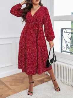 Women's Plus Size Party Dress Wedding Guest Dress Red Dress Midi Dress Red Long Sleeve Polka Dot With Belt Spring Fall Winter V Neck Fashion Winter Dress Evening Party Wedding Guest 2023 XL XXL 3XL