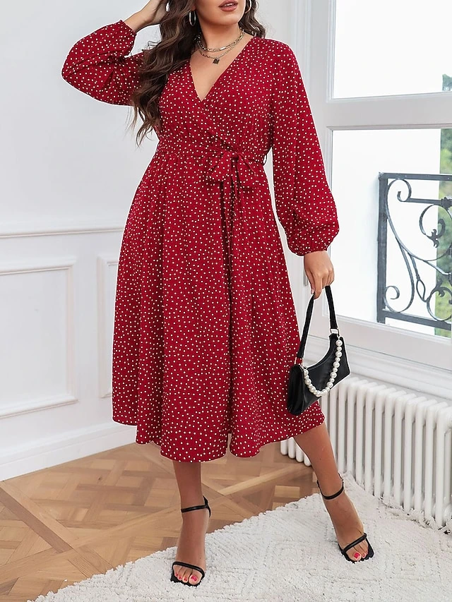 Women's Plus Size Party Dress Wedding Guest Dress Red Dress Midi Dress Red Long Sleeve Polka Dot With Belt Spring Fall Winter V Neck Fashion Winter Dress Evening Party Wedding Guest 2023 XL XXL 3XL 1 Women's Plus Size Party Dress Wedding Guest Dress Red Dress Midi Dress Red Long Sleeve Polka Dot With Belt Spring Fall Winter V Neck Fashion Winter Dress Evening Party Wedding Guest 2023 XL XXL 3XL
