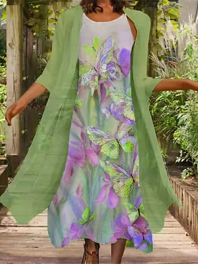 Women's Two Piece Dress Set Casual Dress Shift Dress Daily Going Out Casual Print Midi Dress Crew Neck 3/4 Length Sleeve Floral Butterfly Regular Fit Light Green Light Purple Purple Summer Spring M L 6 Women's Two Piece Dress Set Casual Dress Shift Dress Daily Going Out Casual Print Midi Dress Crew Neck 3/4 Length Sleeve Floral Butterfly Regular Fit Light Green Light Purple Purple Summer Spring M L - Image 6