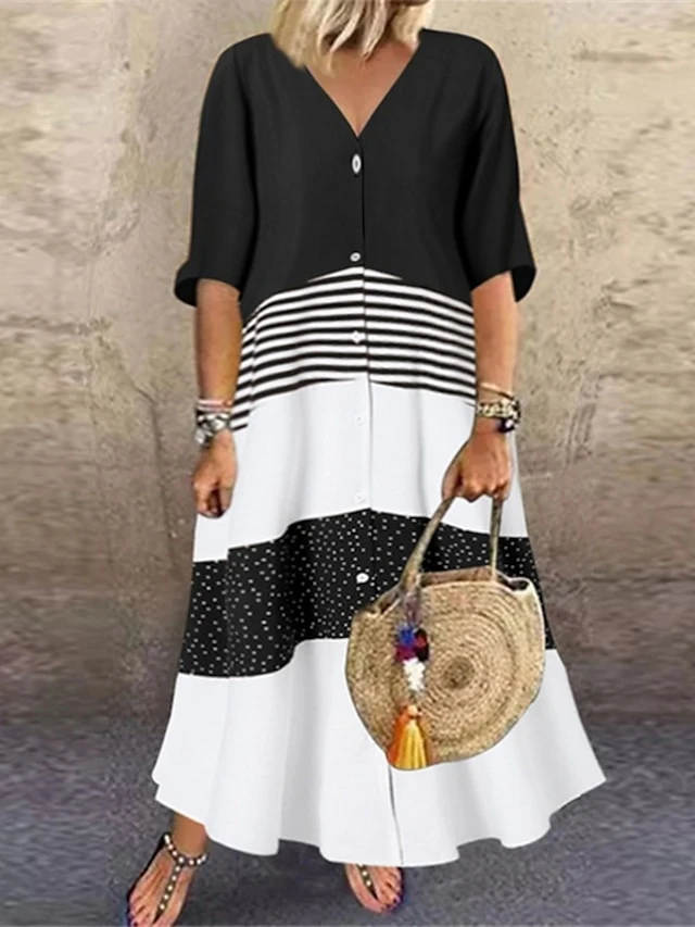 Women‘s Curve Plus Size Curve A Line Dress Striped V Neck Print Half Sleeve Spring Summer Casual Maxi Long Dress Casual Daily Dress 2 Women‘s Curve Plus Size Curve A Line Dress Striped V Neck Print Half Sleeve Spring Summer Casual Maxi Long Dress Casual Daily Dress - Image 2