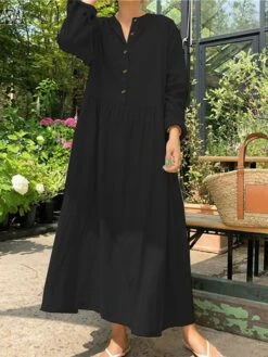 Women's Casual Dress Cotton Linen Dress Swing Dress Maxi Long Dress Linen Basic Classic Outdoor Daily Vacation V Neck Ruched Button Long Sleeve Summer Spring Fall 2023 Loose Fit Black Wine Apricot -HAYz Clothing Shop rxyoqm1690268465406