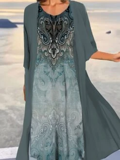 Women's Two Piece Dress Set Casual Dress Print Dress Outdoor Daily Vintage Ethnic Print Midi Dress Crew Neck 3/4 Length Sleeve Floral Tribal Loose Fit Black Navy Blue Royal Blue Summer Spring S M L -HAYz Clothing Shop rykcgb1690857674094