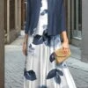 Women's Two Piece Dress Set Casual Dress Swing Dress Outdoor Office Fashion Streetwear Print Midi Dress Crew Neck 3/4 Length Sleeve Leaf Floral Regular Fit Blue Fall Winter S M L XL XXL
