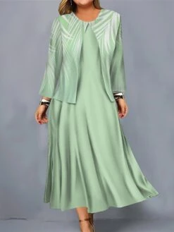 Women's Plus Size Curve Casual Dress Dress Set Two Piece Dress Leaf Midi Dress Long Sleeve Print Crew Neck Mature Outdoor Pink Blue Fall Winter L XL XXL 3XL 4XL -HAYz Clothing Shop rytibo1695096072583