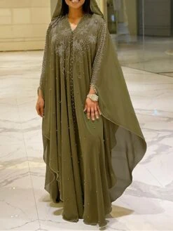 Women‘s Plus Size Curve Casual Dress Shift Dress Kaftan Dress Floral Long Dress Maxi Dress Long Sleeve Layered Hooded Elegant Outdoor Green Summer Spring One Size