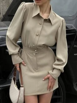 Women's Shirt Dress Work Dress Bodycon Mini Dress Outdoor Business Date Polyester Fashion Modern Shirt Collar Button Pocket Long Sleeve Fall Winter 2023 Regular Fit Khaki Pure Color S M L