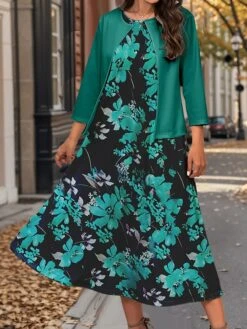 Women's Two Piece Dress Set Casual Dress Swing Dress Outdoor Office Fashion Streetwear Print Midi Dress Crew Neck 3/4 Length Sleeve Floral Regular Fit Navy Blue Royal Blue Blue Fall Winter S M L XL -HAYz Clothing Shop rzlmuk1697786027018