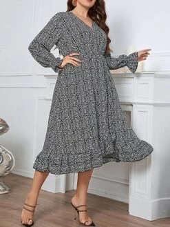 Women's Plus Size Party Dress Wedding Guest Dress Peplum Dresses Midi Dress Black Long Sleeve Print Ruffle Spring Fall Winter V Neck Fashion Winter Dress Evening Party Wedding Guest 2023 XL XXL 3XL -HAYz Clothing Shop rzluyc1693535286603