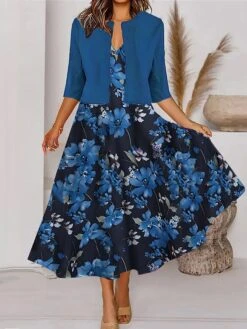 Women's Two Piece Dress Set Casual Dress Tank Dress Outdoor Daily Fashion Streetwear Pocket Print Midi Dress V Neck 3/4 Length Sleeve Floral Regular Fit Pink Navy Blue Royal Blue Spring Fall S M L XL