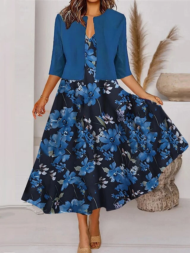 Women's Two Piece Dress Set Casual Dress Tank Dress Outdoor Daily Fashion Streetwear Pocket Print Midi Dress V Neck 3/4 Length Sleeve Floral Regular Fit Pink Navy Blue Royal Blue Spring Fall S M L XL 1 Women's Two Piece Dress Set Casual Dress Tank Dress Outdoor Daily Fashion Streetwear Pocket Print Midi Dress V Neck 3/4 Length Sleeve Floral Regular Fit Pink Navy Blue Royal Blue Spring Fall S M L XL