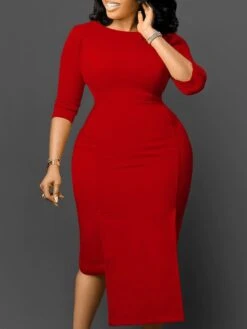 Women‘s Plus Size Curve Work Dress Bodycon Sheath Dress Solid Color Midi Dress 3/4 Length Sleeve Crew Neck Fashion Office White Pink Summer Spring L XL XXL 3XL -HAYz Clothing Shop rzywan1679550418714