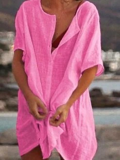 Women's Casual Dress Shirt Dress Cotton Linen Dress Mini Dress Blue Purple Pink Short Sleeve Pure Color Spring Summer V Neck Beach Basic Daily Weekend Loose Fit Linen S M L XL XXL 3XL -HAYz Clothing Shop saamwq1639988514542