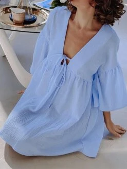 Women's Casual Dress Cotton Dress Swing Dress Mini Dress Cotton Fashion Modern Outdoor Daily Holiday V Neck Lace Up Ruched 3/4 Length Sleeve Fall Winter Autumn 2023 Loose Fit Light Green Blue Purple 22 Women's Casual Dress Cotton Dress Swing Dress Mini Dress Cotton Fashion Modern Outdoor Daily Holiday V Neck Lace Up Ruched 3/4 Length Sleeve Fall Winter Autumn 2023 Loose Fit Light Green Blue Purple -HAYz Clothing Shop saaxdt1692961105557