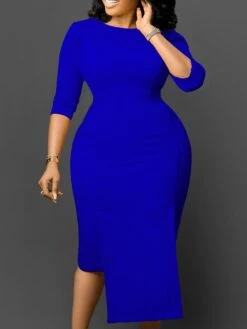 Women‘s Plus Size Curve Work Dress Bodycon Sheath Dress Solid Color Midi Dress 3/4 Length Sleeve Crew Neck Fashion Office White Pink Summer Spring L XL XXL 3XL