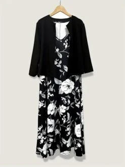 Women's Two Piece Dress Set Casual Dress Chiffon Dress Outdoor Daily Fashion Elegant Print Midi Dress V Neck Half Sleeve Floral Regular Fit Black Pink Gray Summer Spring S M L XL XXL -HAYz Clothing Shop sabuxt1693539433814