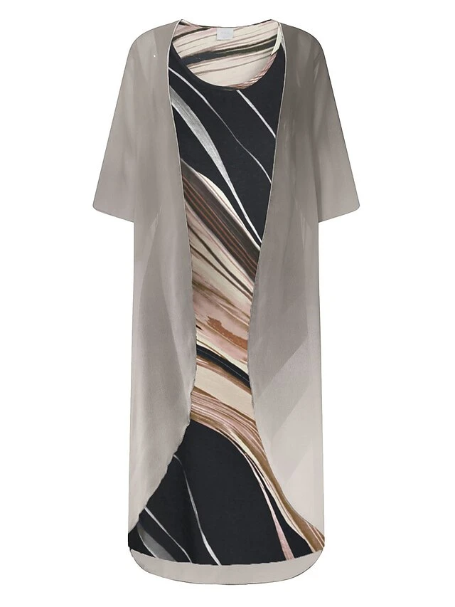 Women's Two Piece Dress Set Casual Dress Print Dress Outdoor Daily Fashion Modern Print Midi Dress Crew Neck Half Sleeve Floral Ombre Loose Fit Beige Summer Spring M L XL XXL 3XL 2 Women's Two Piece Dress Set Casual Dress Print Dress Outdoor Daily Fashion Modern Print Midi Dress Crew Neck Half Sleeve Floral Ombre Loose Fit Beige Summer Spring M L XL XXL 3XL - Image 2