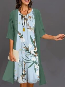 Women's Two Piece Dress Set Casual Dress Dress Set Outdoor Daily Fashion Elegant Print Midi Dress Crew Neck 3/4 Length Sleeve Floral Regular Fit White Blue Green Summer Spring S M L XL XXL -HAYz Clothing Shop sapmje1683028897198
