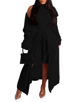 Women's Two Piece Dress Set Casual Dress Sheath Dress Daily Going Out Fashion Streetwear Lace Up Midi Dress Stand Collar Long Sleeve Plain Slim Black Yellow Wine Fall Winter S M L XL XXL -HAYz Clothing Shop sbhgex1693295541782