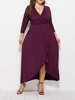 Women's Plus Size Work Dress Black Dress A Line Dress Fashion Long Dress Maxi Dress Ruched V Neck Long Sleeve Plain Loose Fit Black Wine Dark Green Fall XL XXL 3XL 4XL -HAYz Clothing Shop sbncow1693203502142