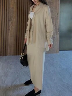 Women's Two Piece Dress Set Casual Dress Skirt Set Outdoor Daily Fashion Streetwear Button Pocket Long Dress Maxi Dress Shirt Collar Long Sleeve Plain Loose Fit Brown Green Beige Fall Winter S M L XL -HAYz Clothing Shop sbpvvk1693534951795