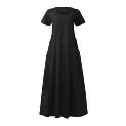 Women's Casual Dress Cotton Linen Dress Swing Dress Maxi Long Dress Linen Cotton Blend Fashion Classic Outdoor Daily Vacation Crew Neck Pocket Short Sleeve Summer Spring 2023 Loose Fit Black Pink Sky -HAYz Clothing Shop scgmdm1681376500607
