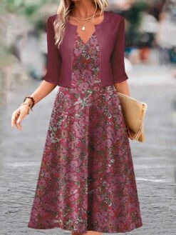 Women's Two Piece Dress Set Casual Dress Swing Dress Outdoor Daily Fashion Elegant Print Midi Dress V Neck Half Sleeve Floral Regular Fit Blue Purple Fuchsia Fall Winter S M L XL XXL -HAYz Clothing Shop scspep1697681154451