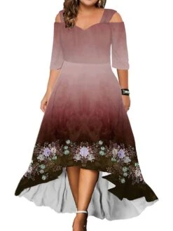 Women‘s Plus Size Curve Party Dress Wedding Guest Dress Swing Dress Long Dress Maxi Dress Black Pink Red 3/4 Length Sleeve Floral Cold Shoulder Summer Spring Fall V Neck Fashion Birthday Wedding Guest